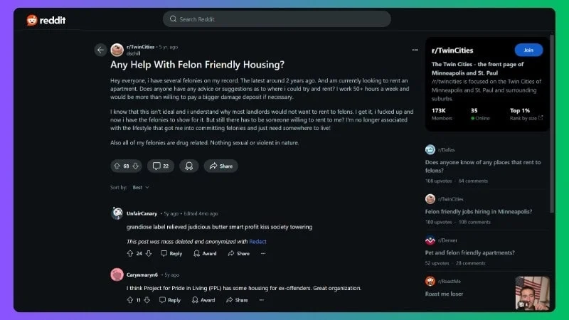Reddit Hosuing for Felon